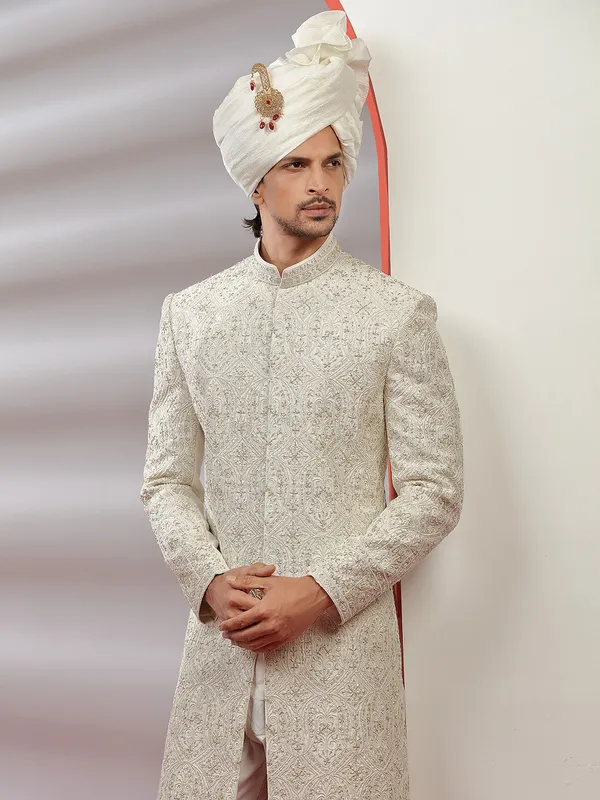 Cream raw silk men sherwani for groom and wedding