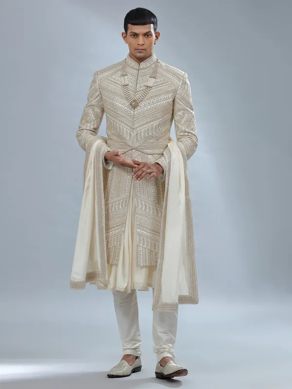 Cream raw silk peshwai sherwani for groom