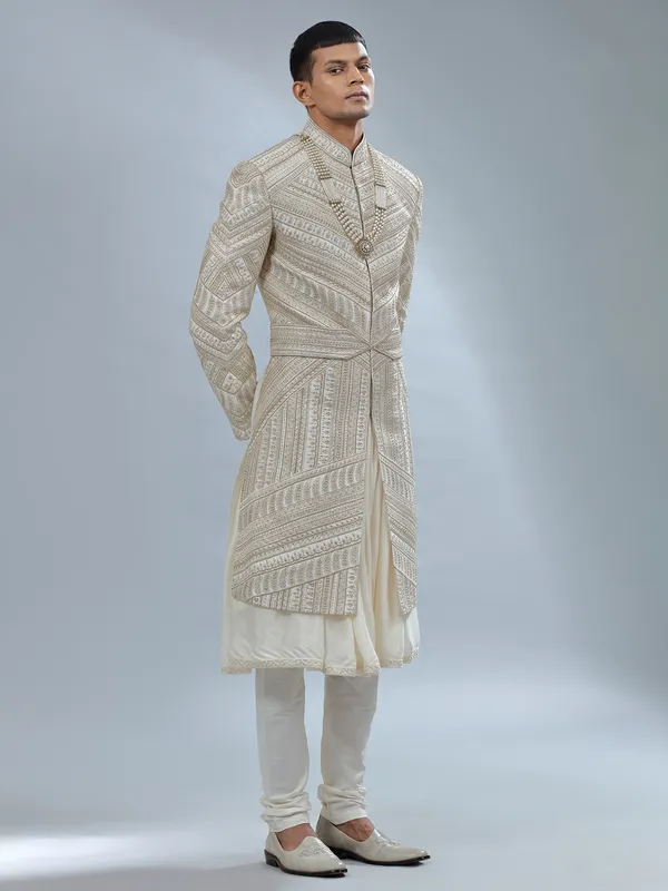 Cream raw silk peshwai sherwani for groom