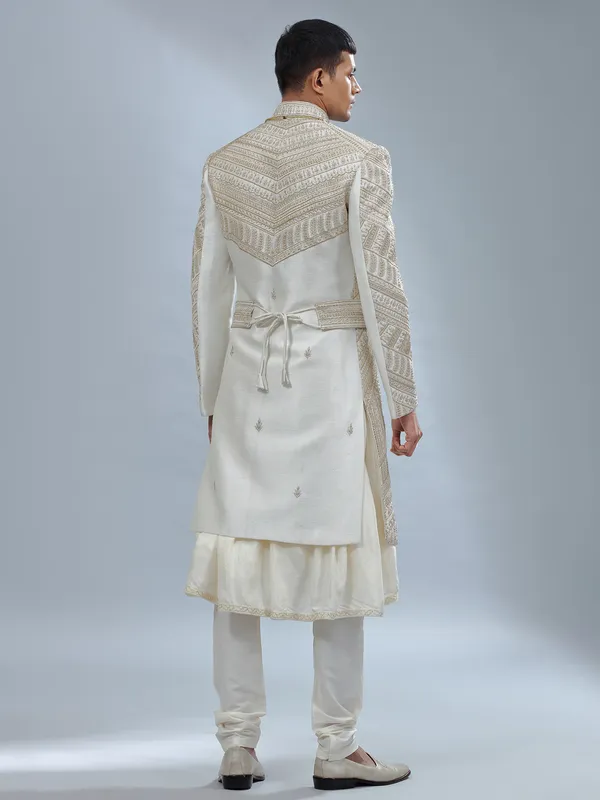 Cream raw silk peshwai sherwani for groom