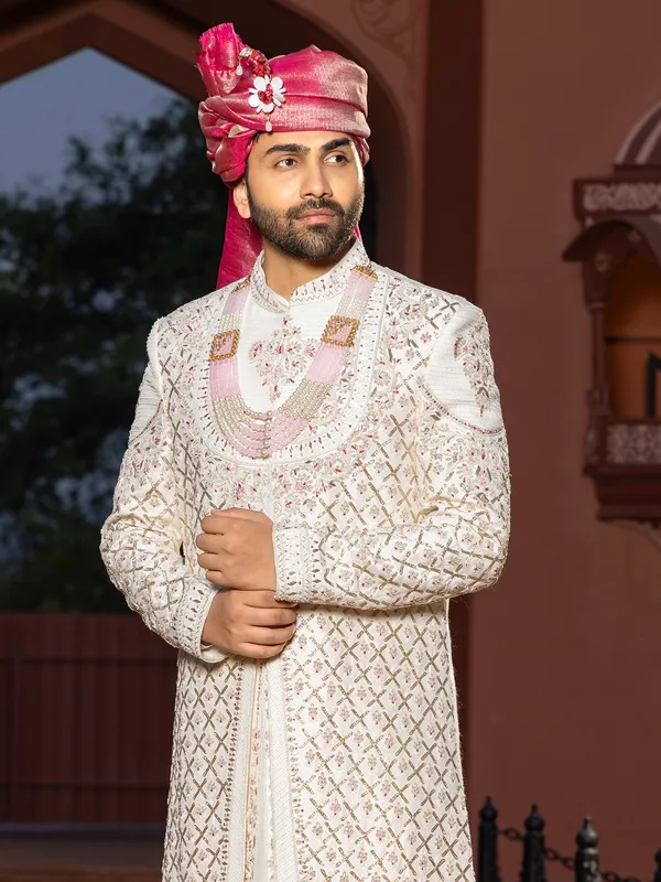 Cream raw silk peshwai style premium sherwani for groom