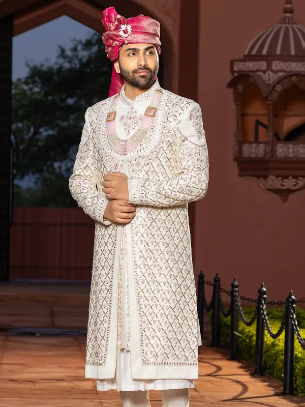 Cream raw silk peshwai style premium sherwani for groom