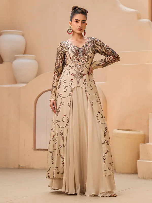 Cream raw silk printed floor length suit