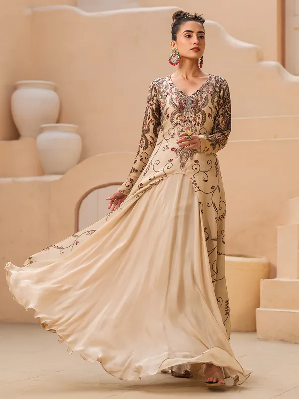 Cream raw silk printed floor length suit