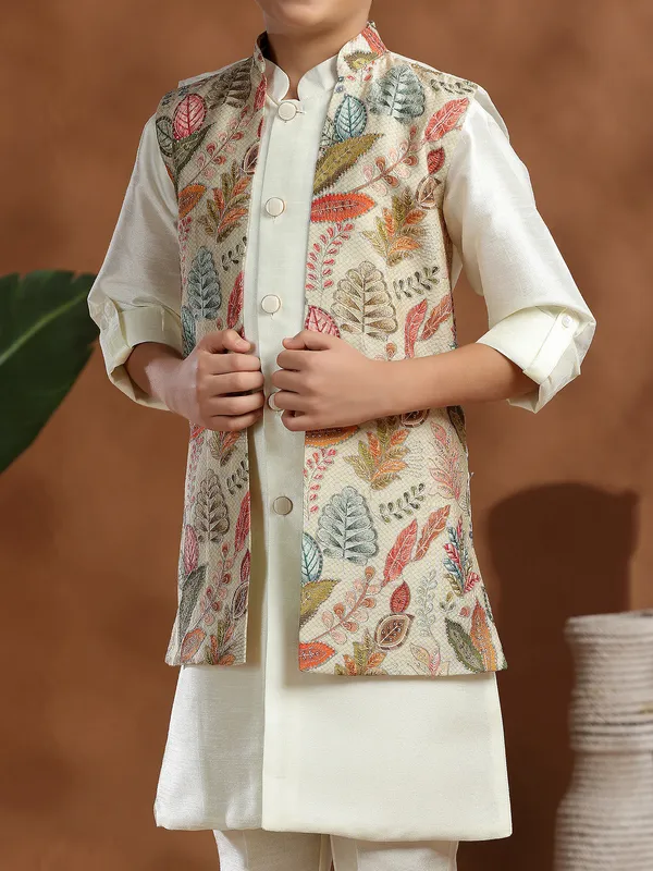 Cream raw silk printed waistcoat set