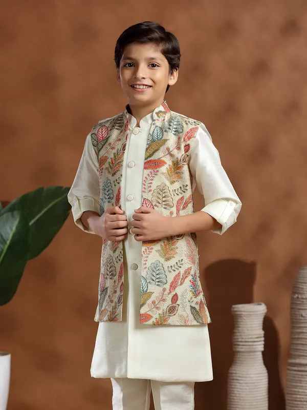 Cream raw silk printed waistcoat set