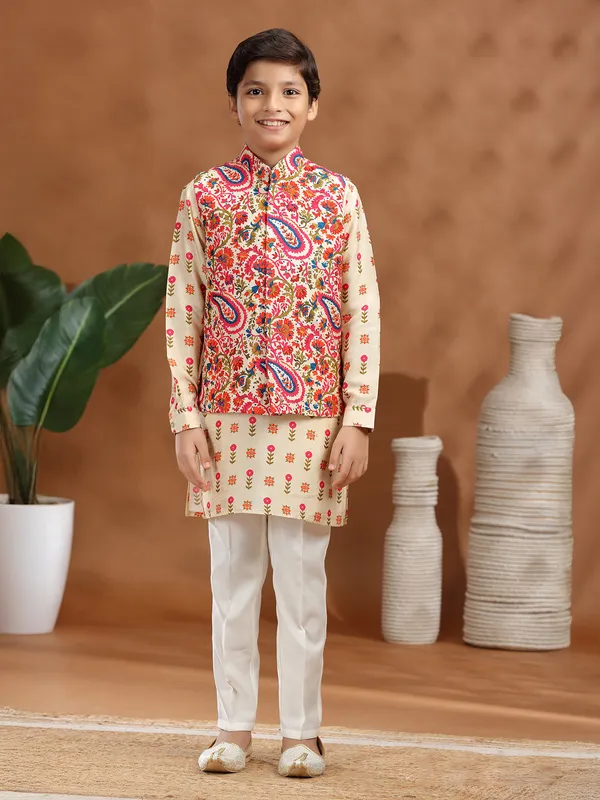 Cream raw silk printed waistcoat set for boys