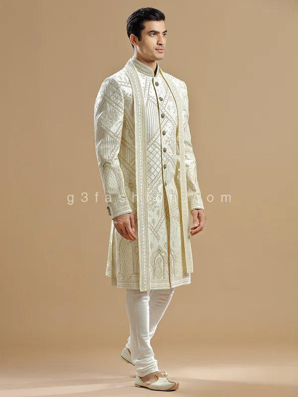 Cream raw silk sherwani for groom wear