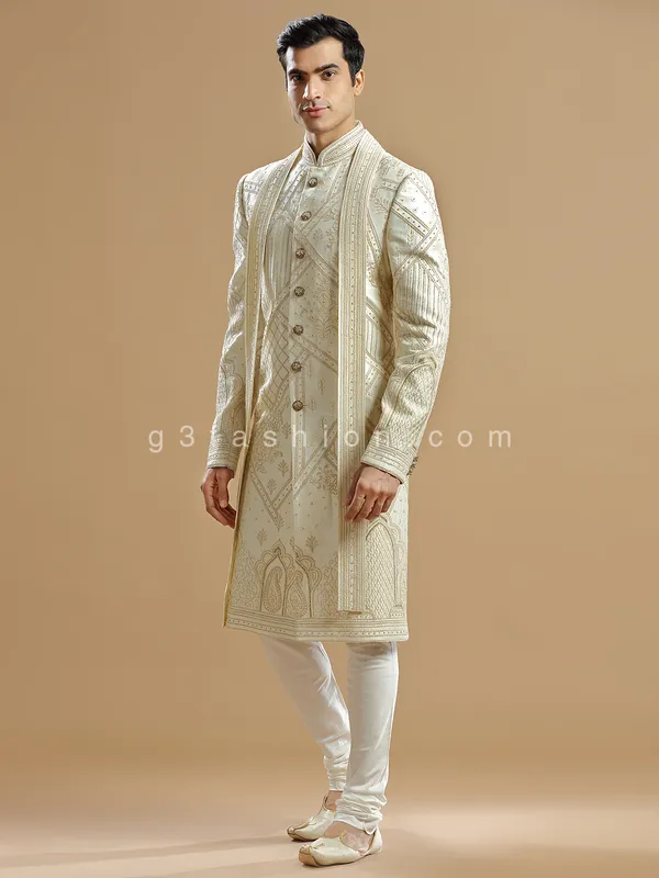 Cream raw silk sherwani for groom wear