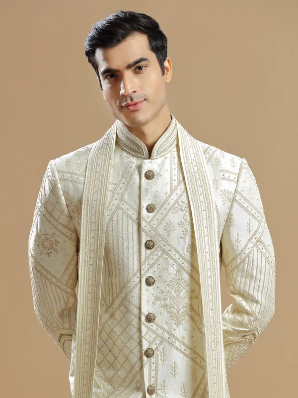 Cream raw silk sherwani for groom wear
