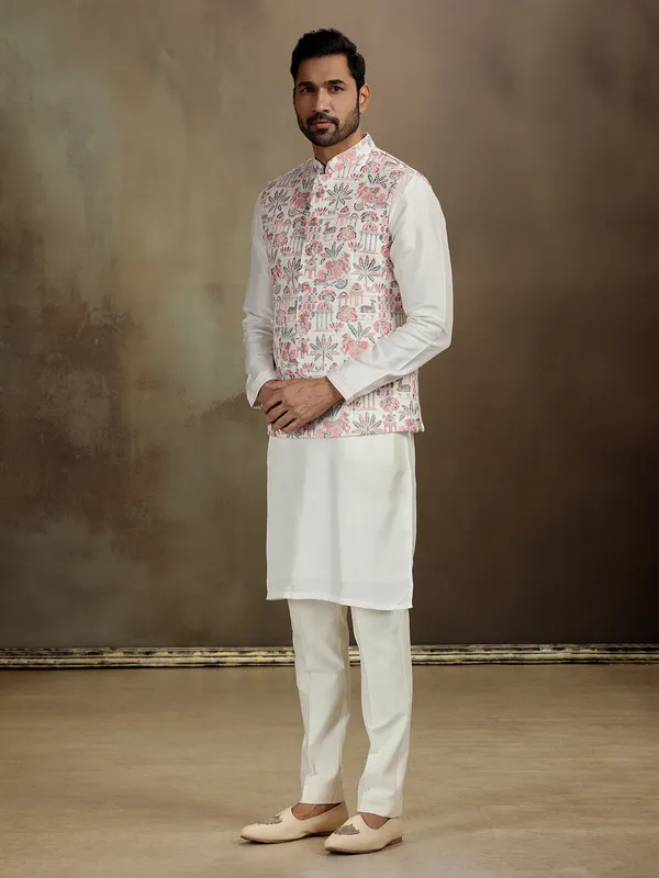 Cream raw silk stone work waistcoat set