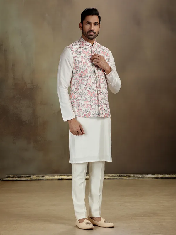 Cream raw silk stone work waistcoat set