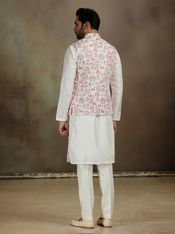 Cream raw silk stone work waistcoat set