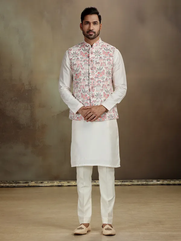 Cream raw silk stone work waistcoat set