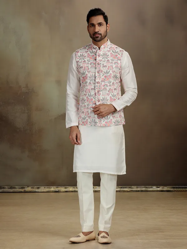 Cream raw silk stone work waistcoat set