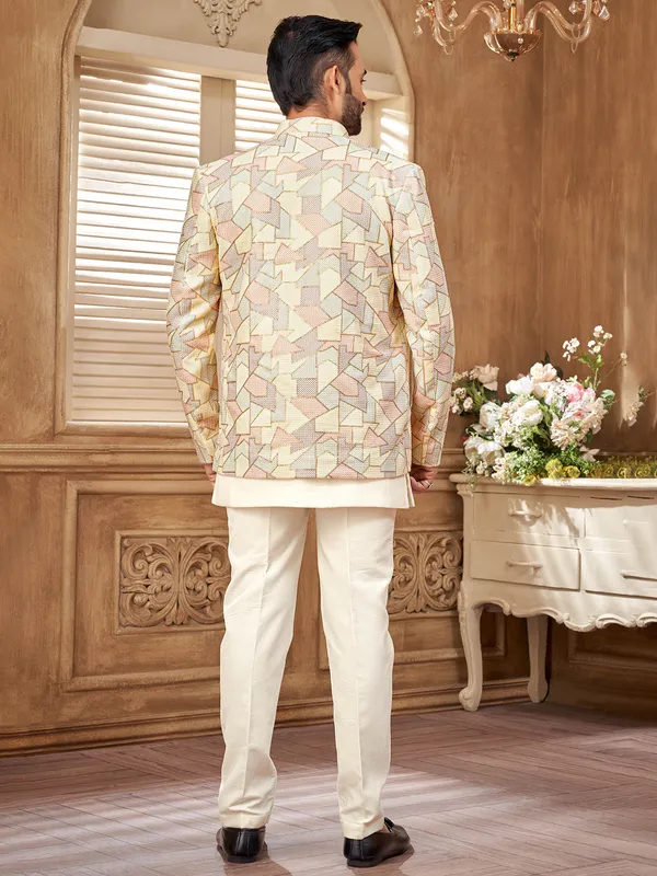 Cream raw silk textured indowestern jacket for a regal touch