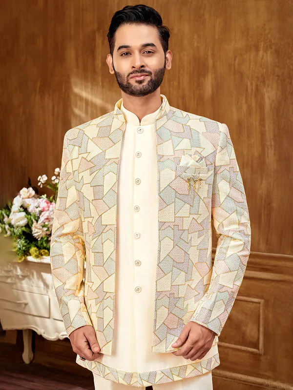 Cream raw silk textured indowestern jacket for a regal touch