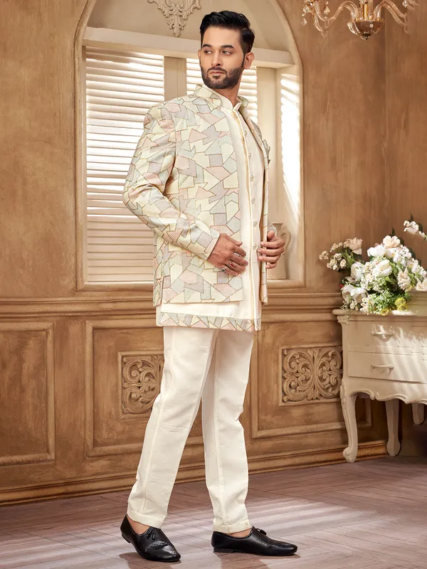 Cream raw silk textured indowestern jacket for a regal touch