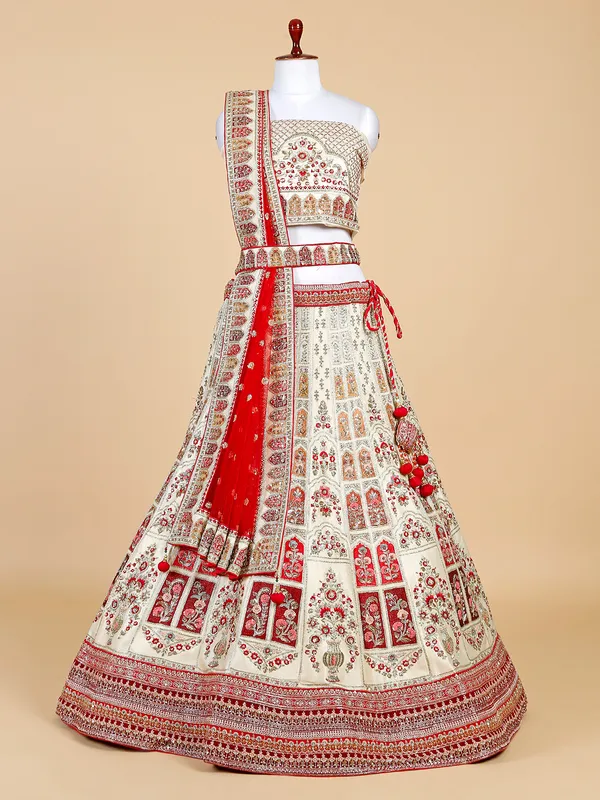 Cream raw silk unstitched lehenga choli