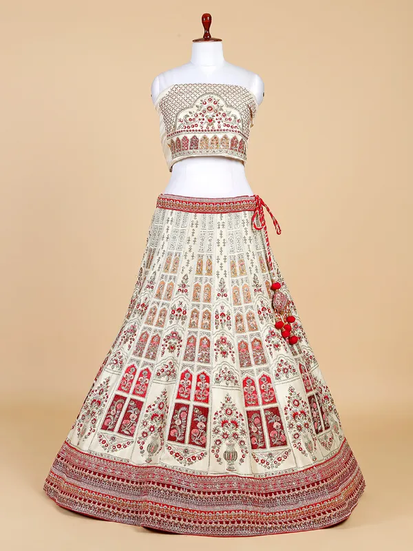 Cream raw silk unstitched lehenga choli