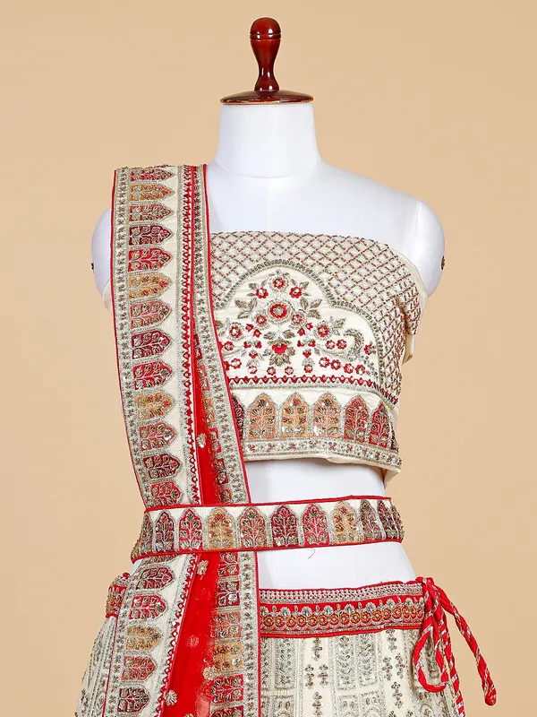 Cream raw silk unstitched lehenga choli