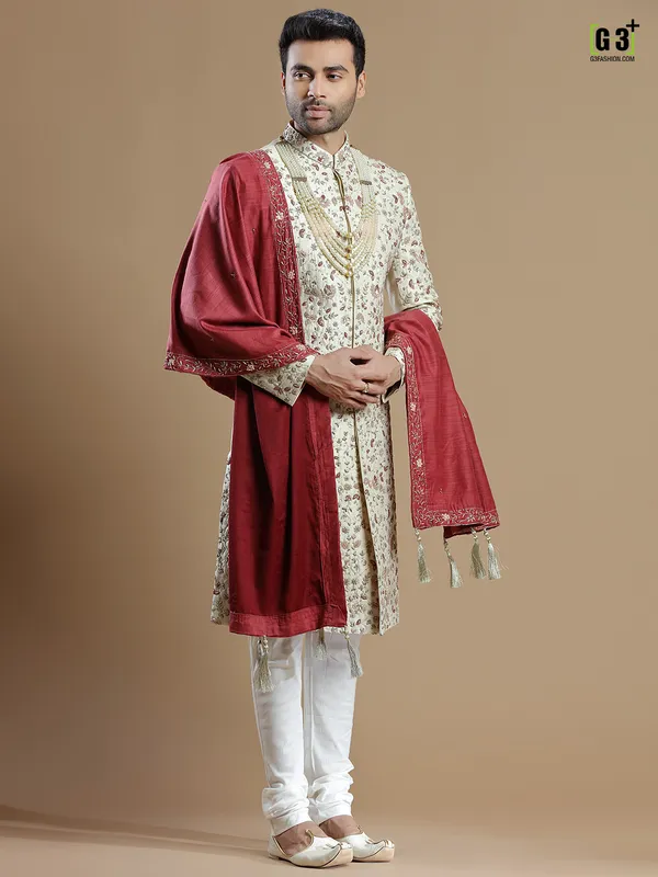 Cream rich raw silk groom wear sherwani