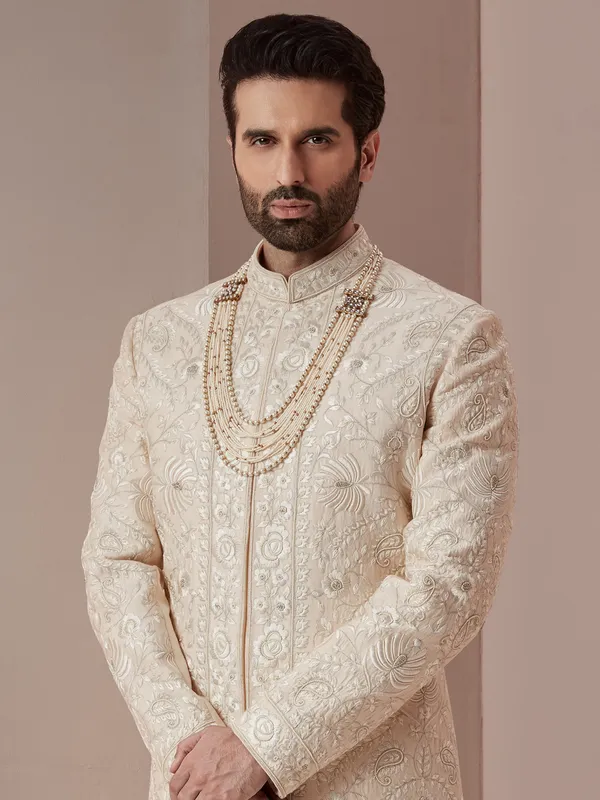 Cream rich raw silk groom and wedding sherwani