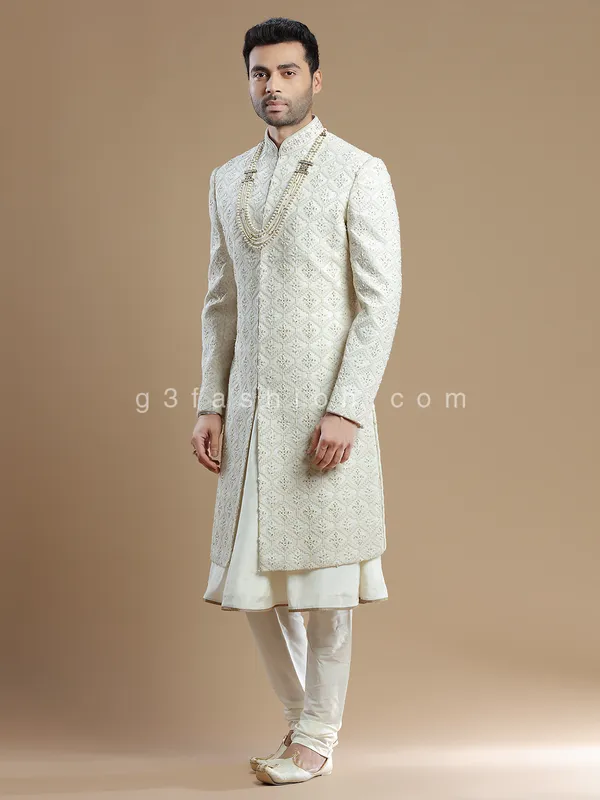 Cream rich raw silk groom wear sherwani