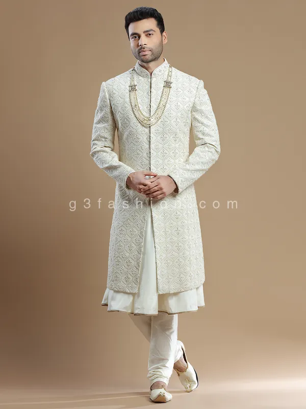 Cream rich raw silk groom wear sherwani