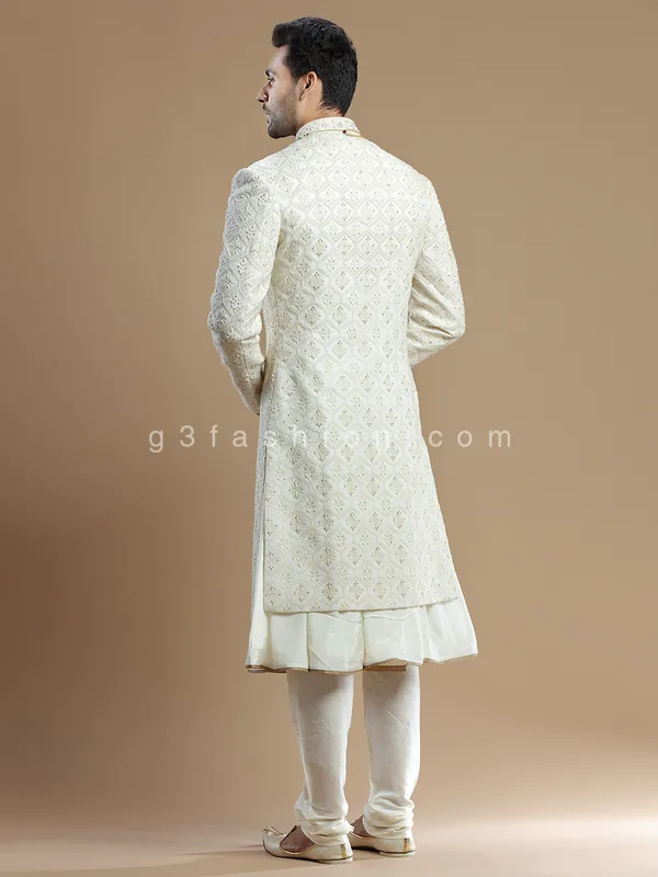 Cream rich raw silk groom wear sherwani