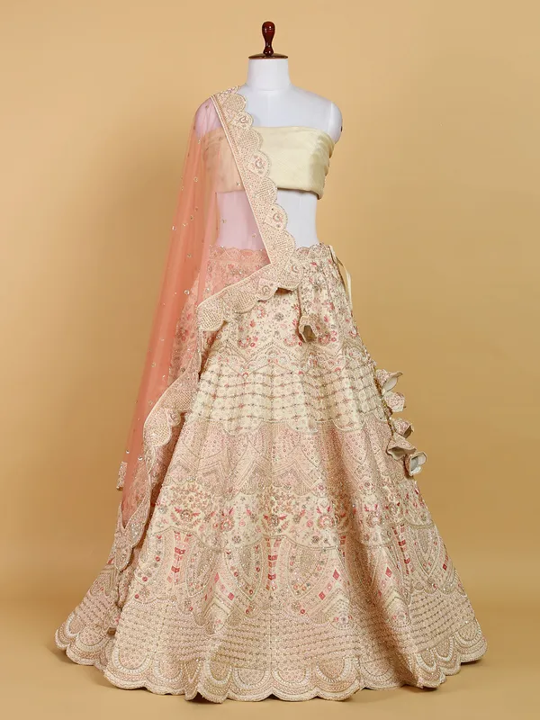 Cream rich unstitched lehenga choli in raw silk