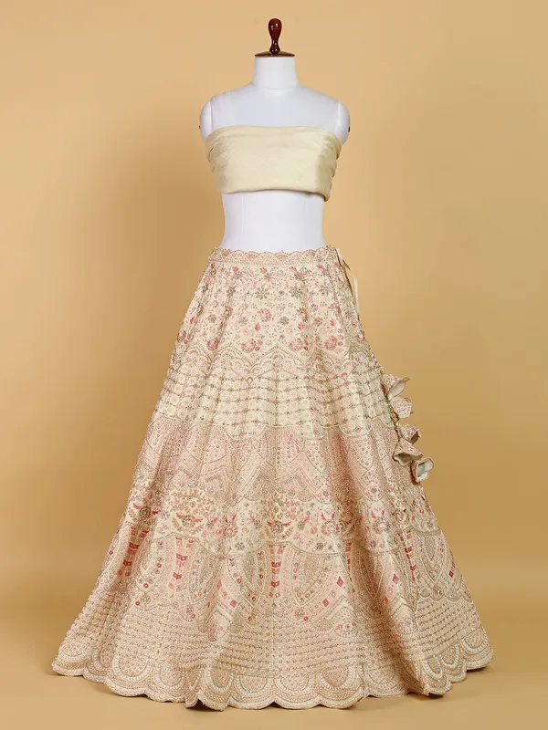 Cream rich unstitched lehenga choli in raw silk