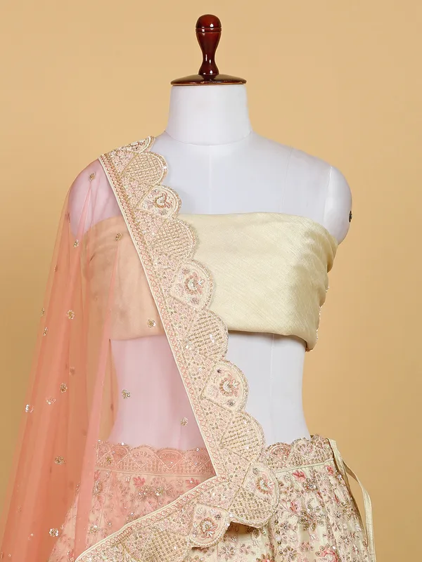 Cream rich unstitched lehenga choli in raw silk