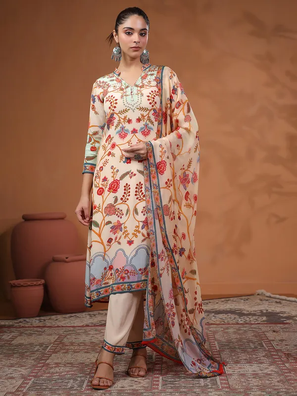 Cream satin kurti set for festive