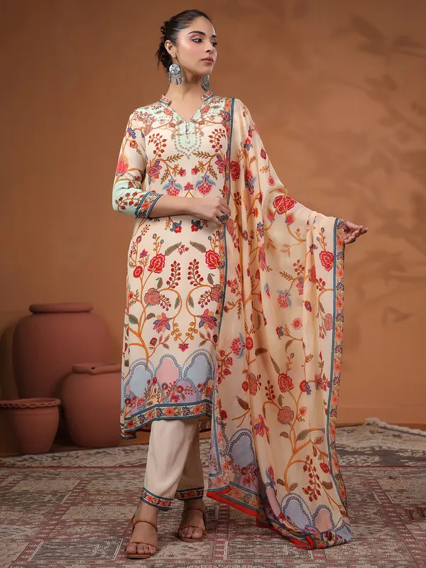 Cream satin kurti set for festive