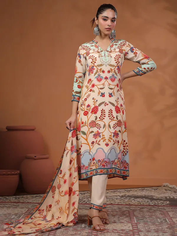 Cream satin kurti set for festive