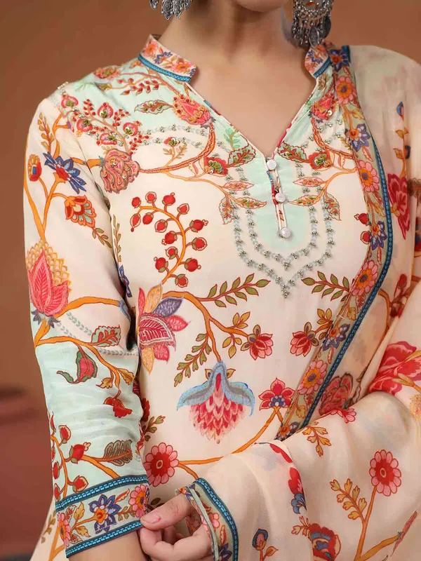 Cream satin kurti set for festive