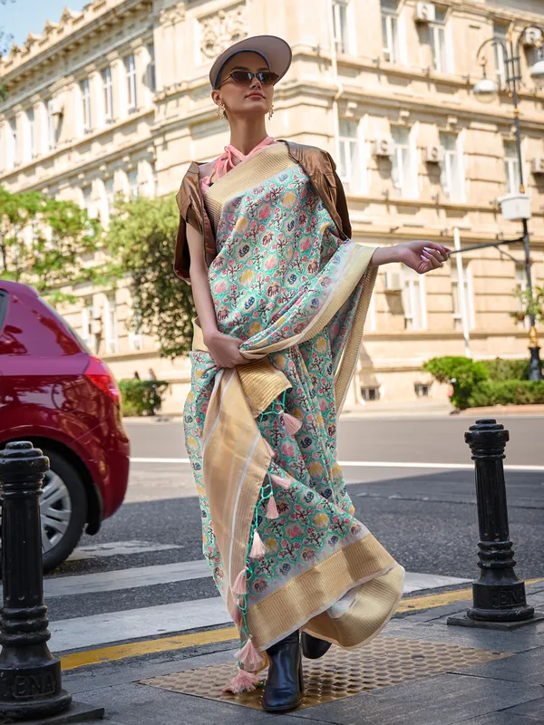 Cream satin organza printed saree