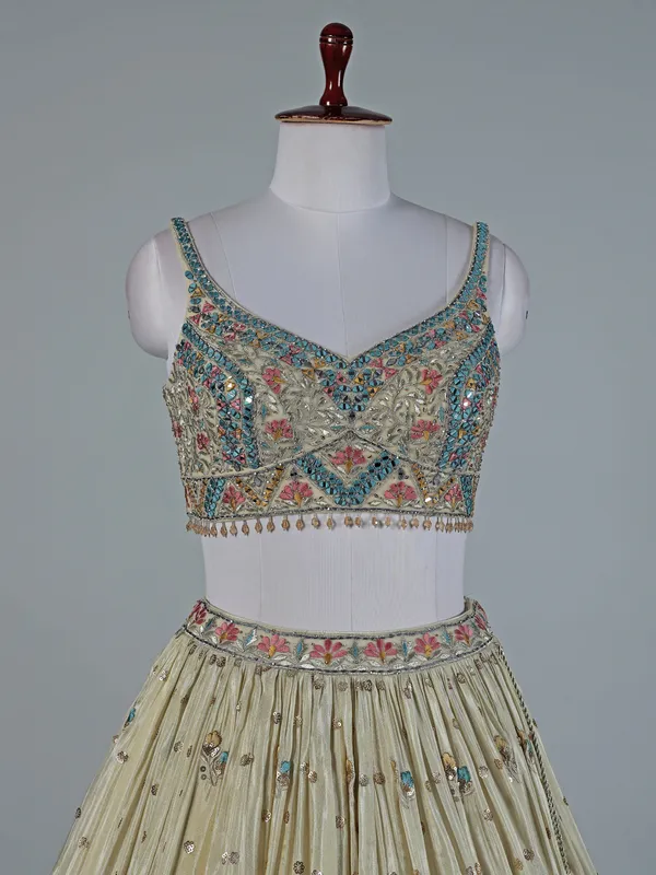 Cream satin silk lehenga choli set