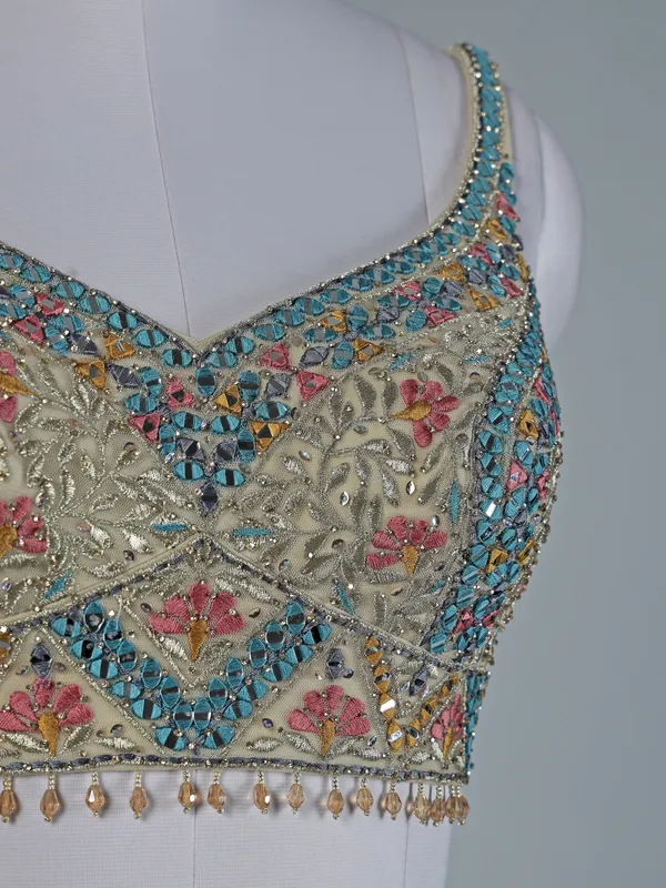 Cream satin silk lehenga choli set