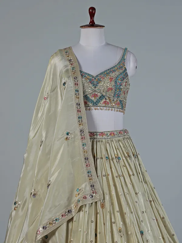Cream satin silk lehenga choli set