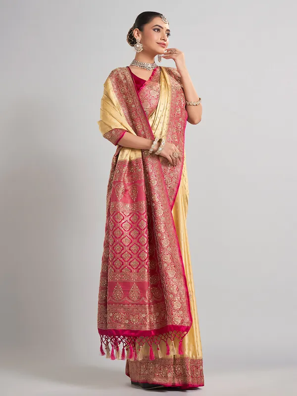 Cream satin silk saree with elegant zari weaving for weddings