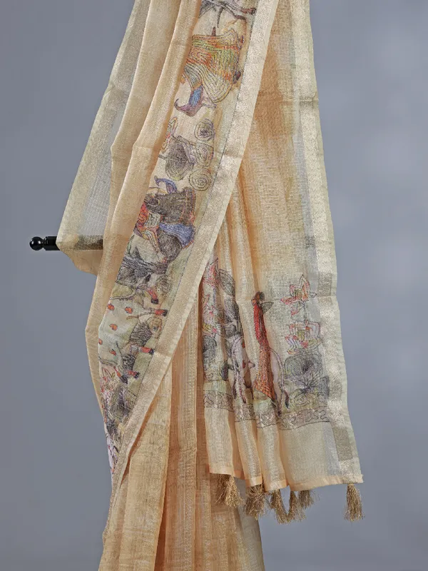 Cream semi cotton saree with unstitched blouse