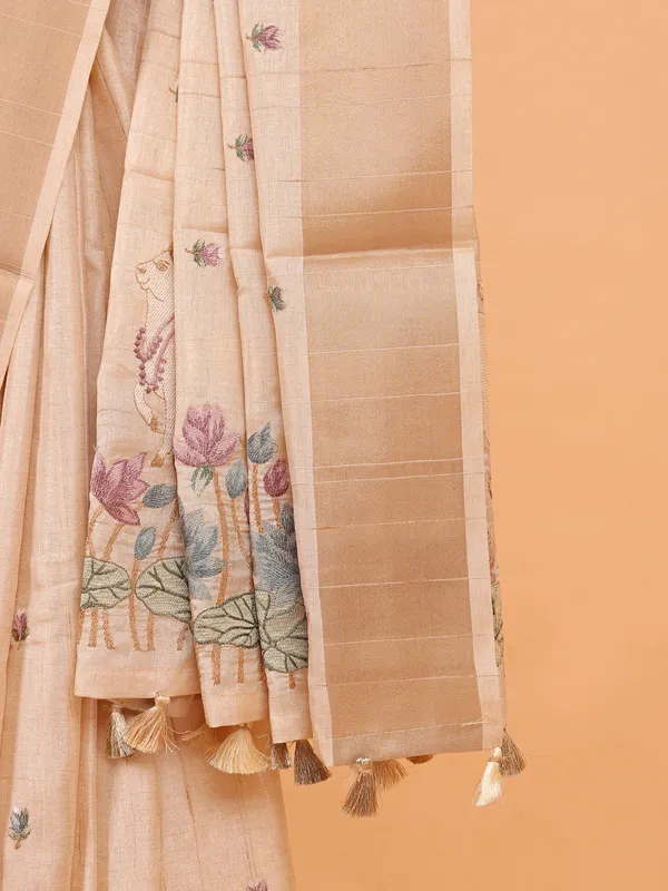 Cream semi cotton silk printed saree