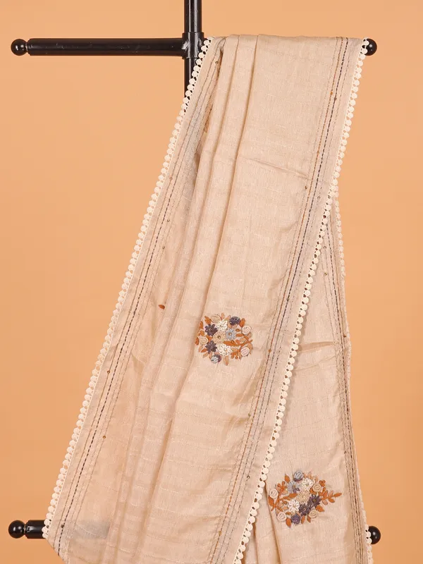 Cream semi cotton silk saree for festive wear