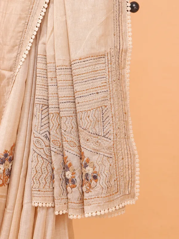 Cream semi cotton silk saree for festive wear