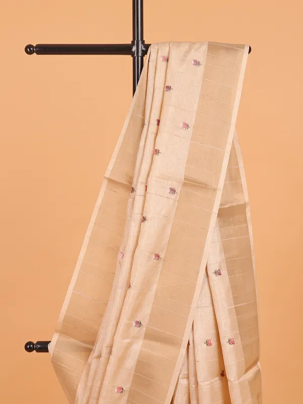 Cream semi cotton silk saree in embroidery weaving