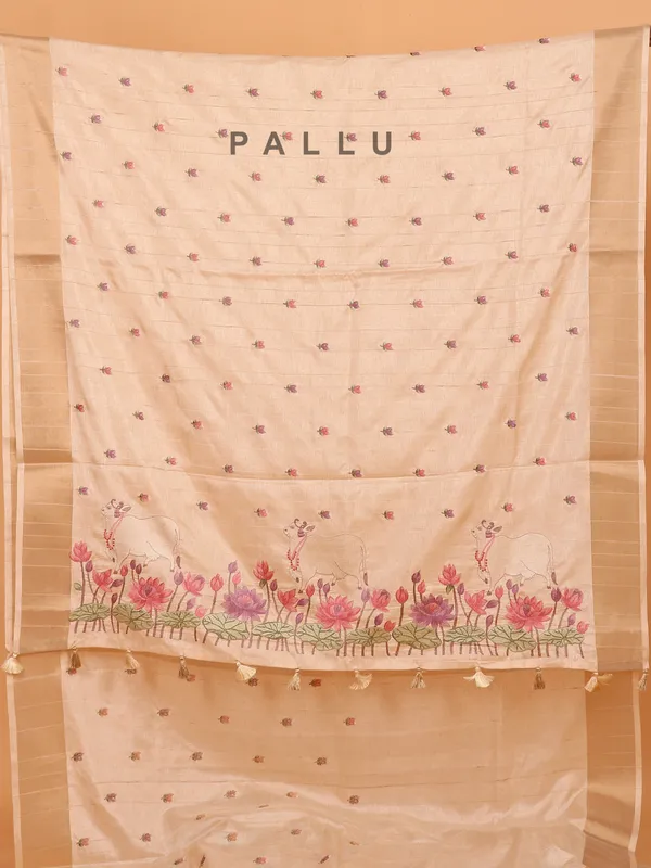 Cream semi cotton silk saree in embroidery weaving