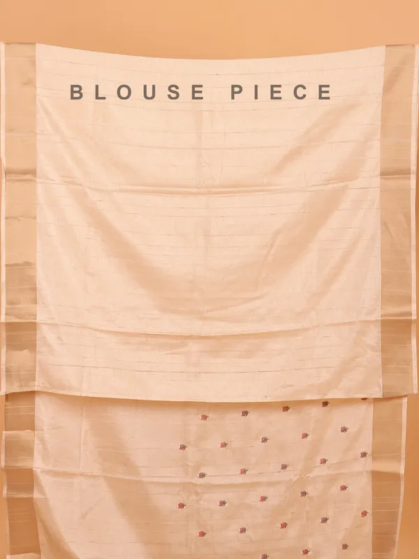 Cream semi cotton silk saree in embroidery weaving