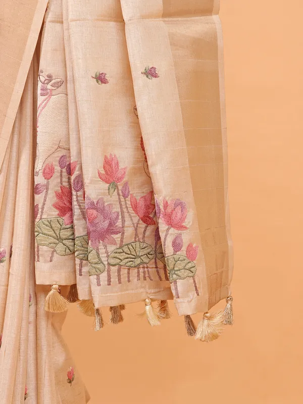 Cream semi cotton silk saree in embroidery weaving